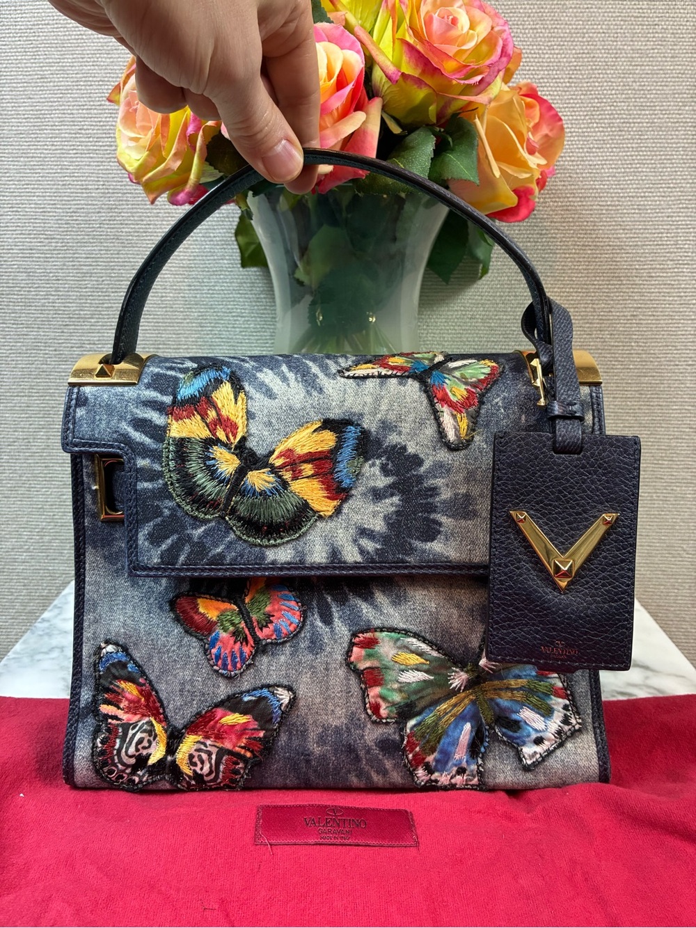 Valentino Garavani Washed Denim Rockstud Satchel Bag w/ Embroidered Butterflies